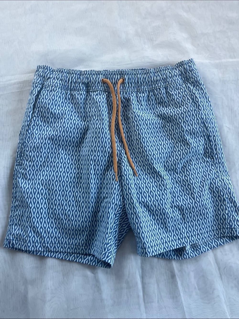 J. Crew Light Blue Diamond-Pattern Swim Trunks with Tan Drawcord
